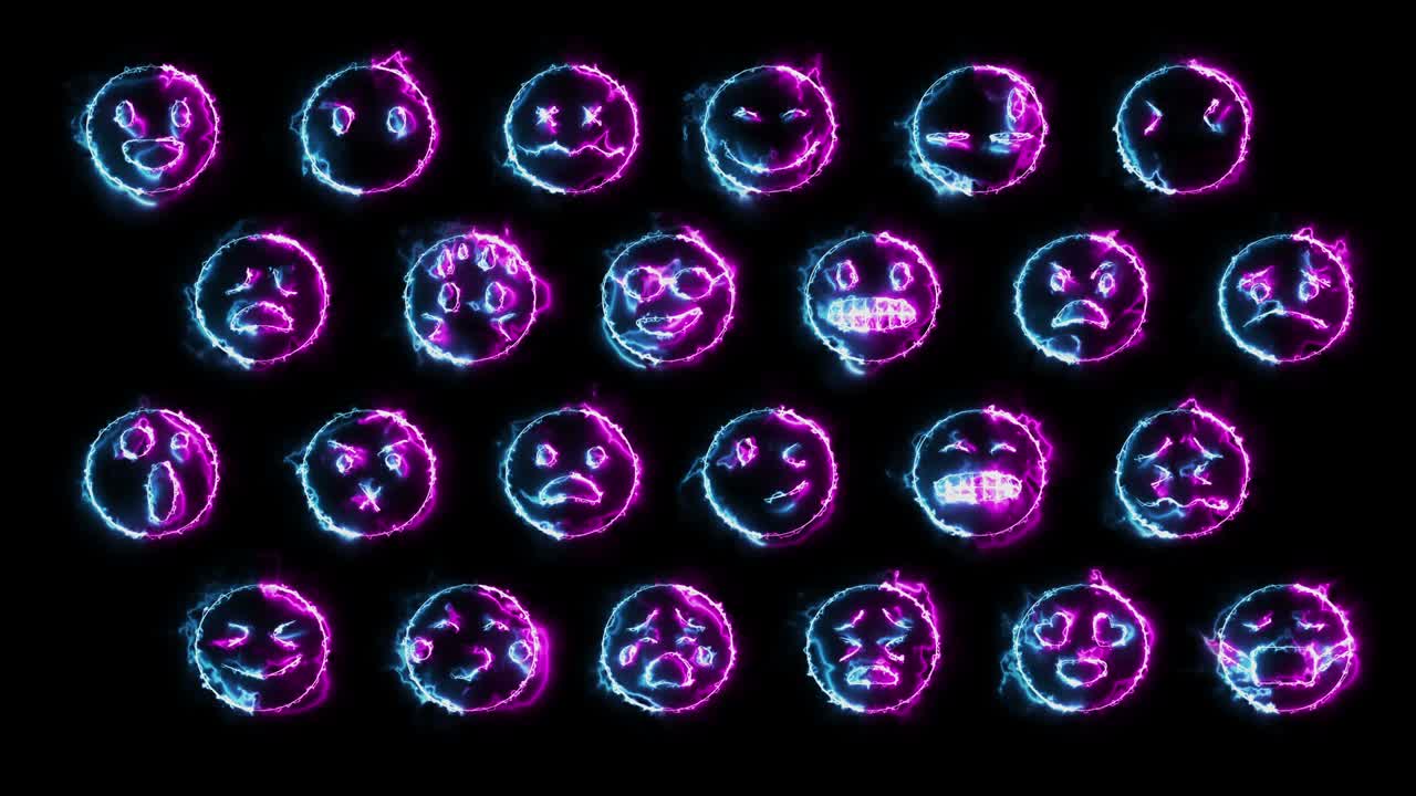 24개의 이모티콘 얼굴의 동적 반임 효과 세트, 네온 감정 표시, 루프