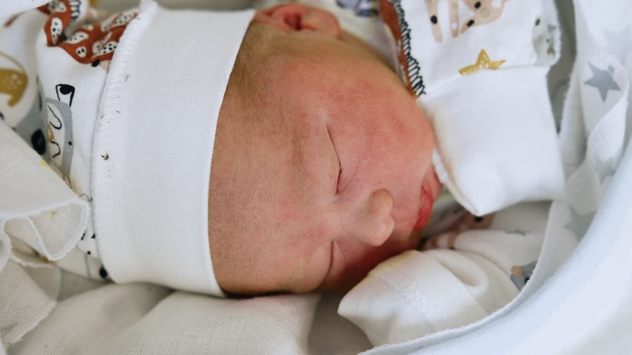 Adorable sleeping newborn child in cap. Peaceful cute baby in blankets. Close up.