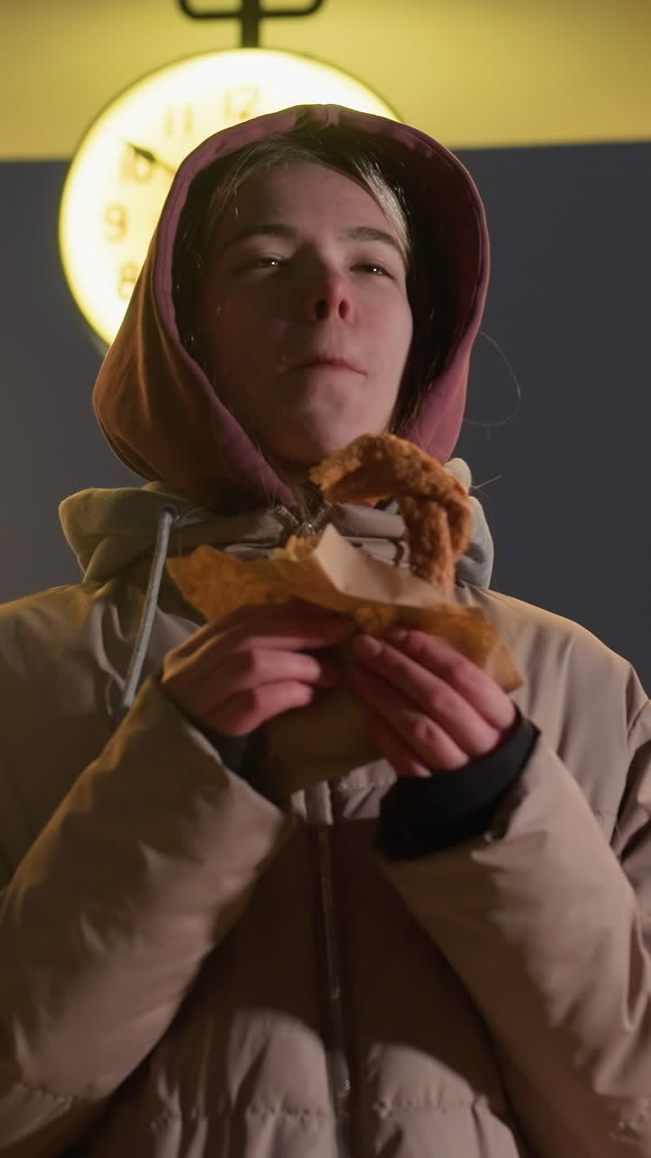 joven con chaqueta con capucha cálida comiendo un bocadillo crujiente al aire libre bajo un reloj brillante por la noche, arquitectura vintage con reloj iluminado contrasta con la escena callejera moderna