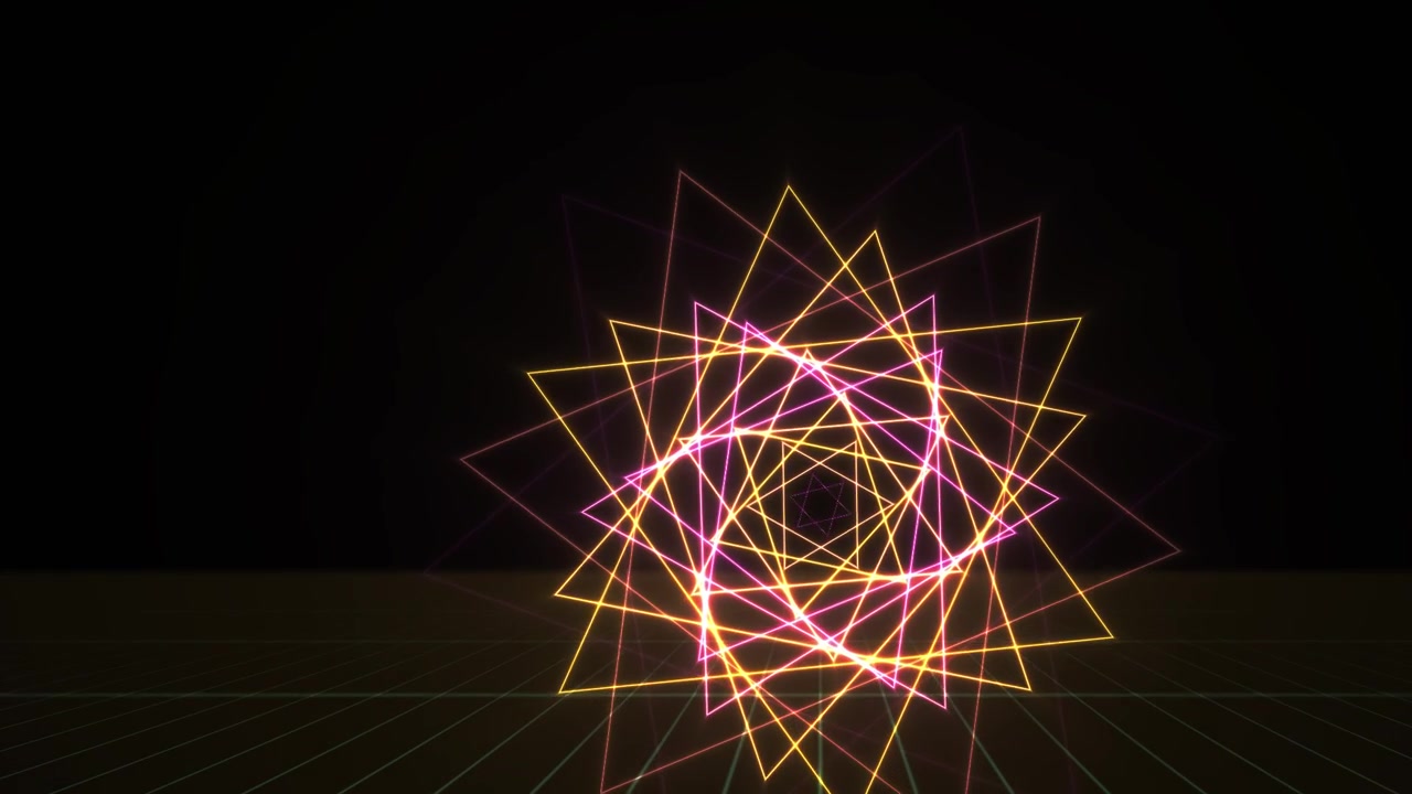 Triangoli al neon futuristici che ruotano su uno sfondo a griglia retrò