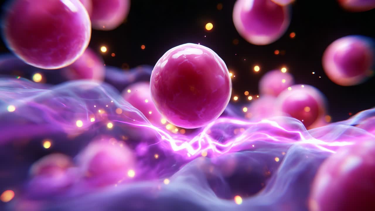 A Vibrant Exploration of Pink Spheres in a Dynamic Energy Field, Showcasing Intricate Motion and Ethereal Lighting in a Mesmerizing Abstract Visual Interpretation of Cellular Interaction