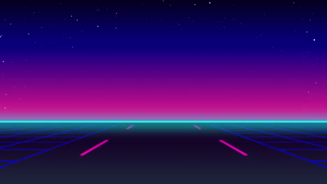 animación de la carretera con cielo azul y rosa por la noche