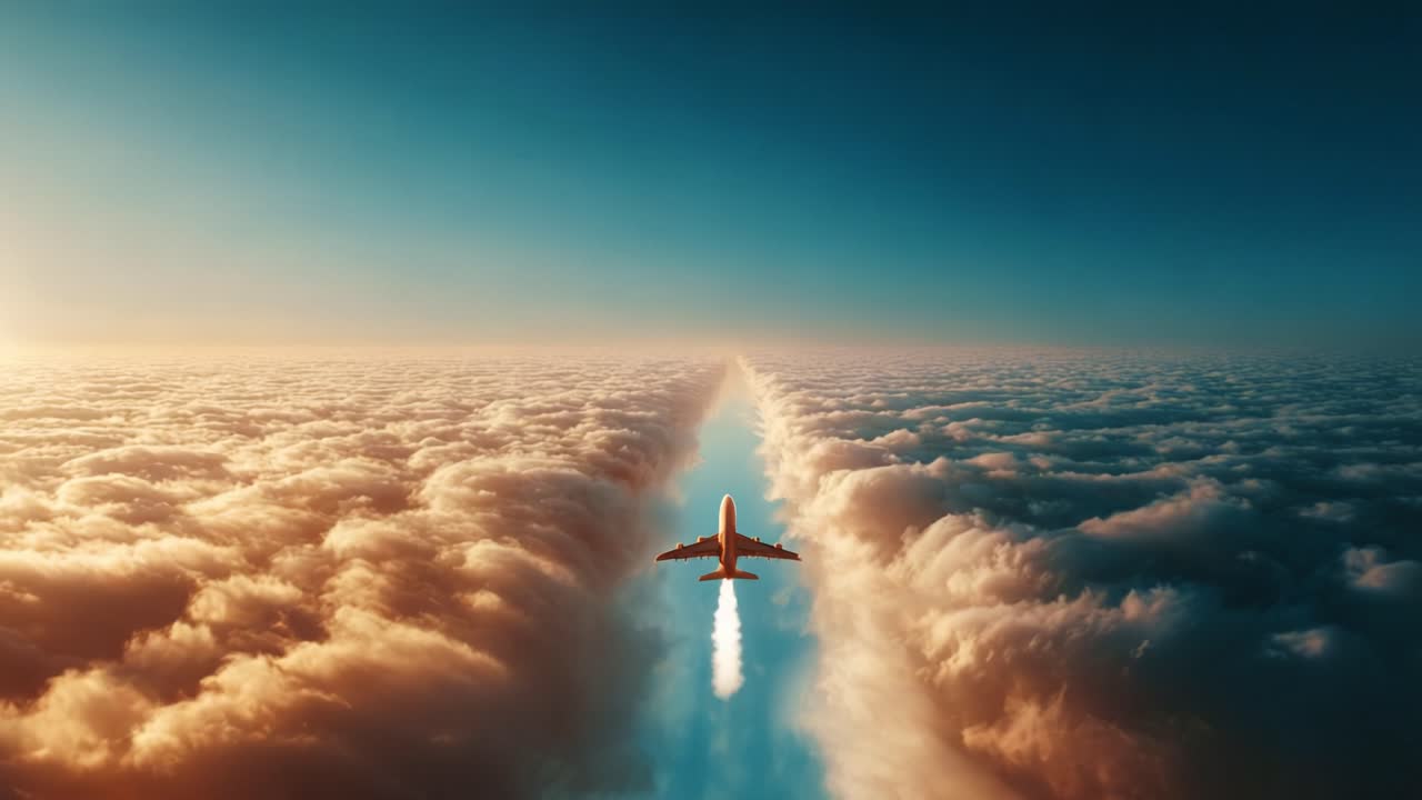 An airplane soaring through a stunning, golden-hued sky, leaving a powerful trail above a sea of fluffy clouds, embodying the wonder of flight and adventure in the endless blue expanse