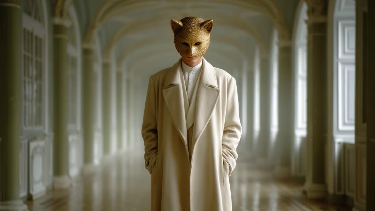 A Mysterious Figure in an Elegant Environment: A Person Wearing an Animal Mask Stands Confidently Amidst Grand Architecture, Evoking Intrigue and Curiosity