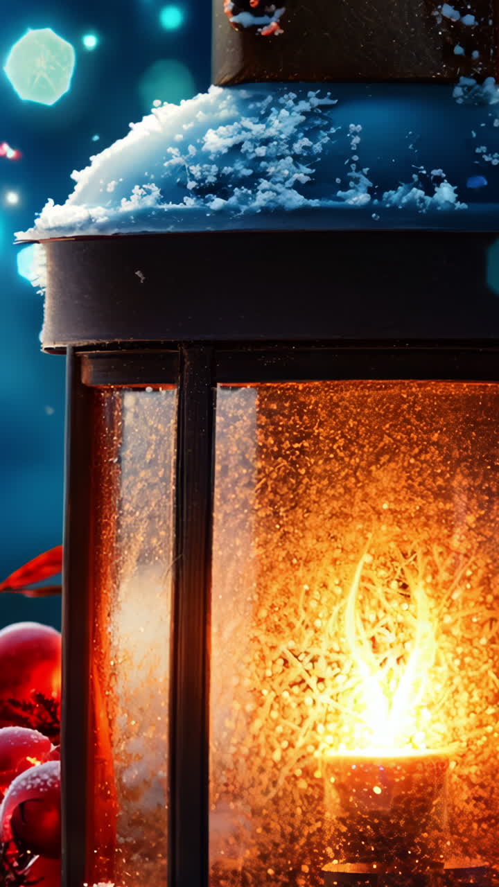 A candle in a lantern is lit on a snowy surface. The scene is serene and peaceful, with the candle providing a warm and inviting glow. The snow-covered ground and the lantern create a cozy atmosphere