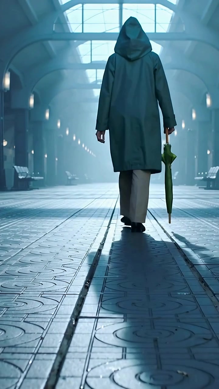 Vertical video: Stepping, walking person in teal hood with green umbrella along arcade toward light