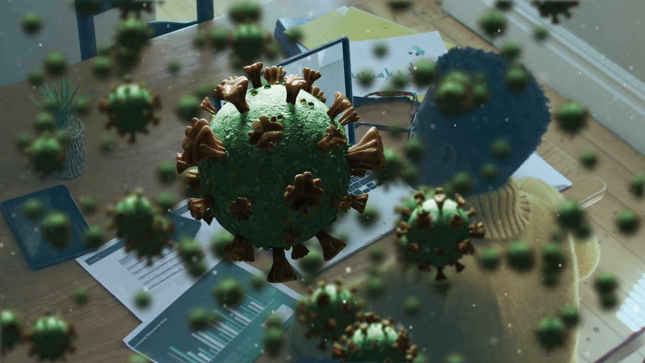 animación de las células de covid 19 sobre una mujer de negocios en una videollamada portátil