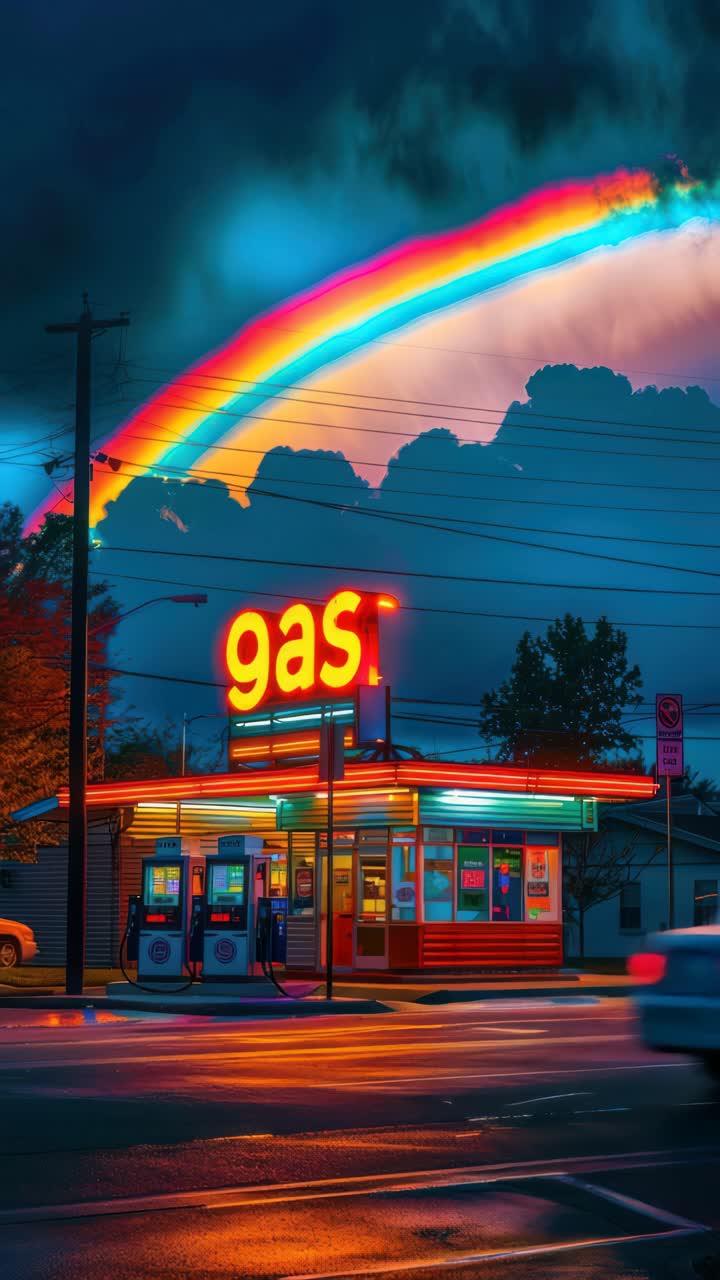 Vibrant retro gas station at dusk with a neon sign, captured from a low angle
