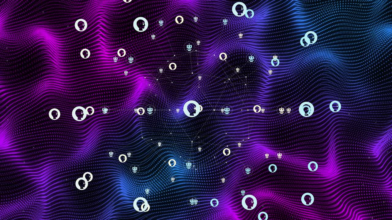 Animation of globe with connections and ai chatbot icons on purple light trails