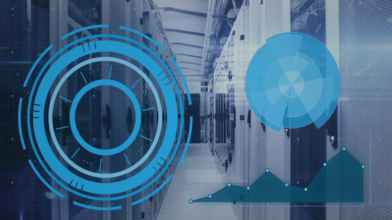 reloj moviéndose sobre escáneres redondos y en la sala de servidores contra el fondo de la tecnología verde
