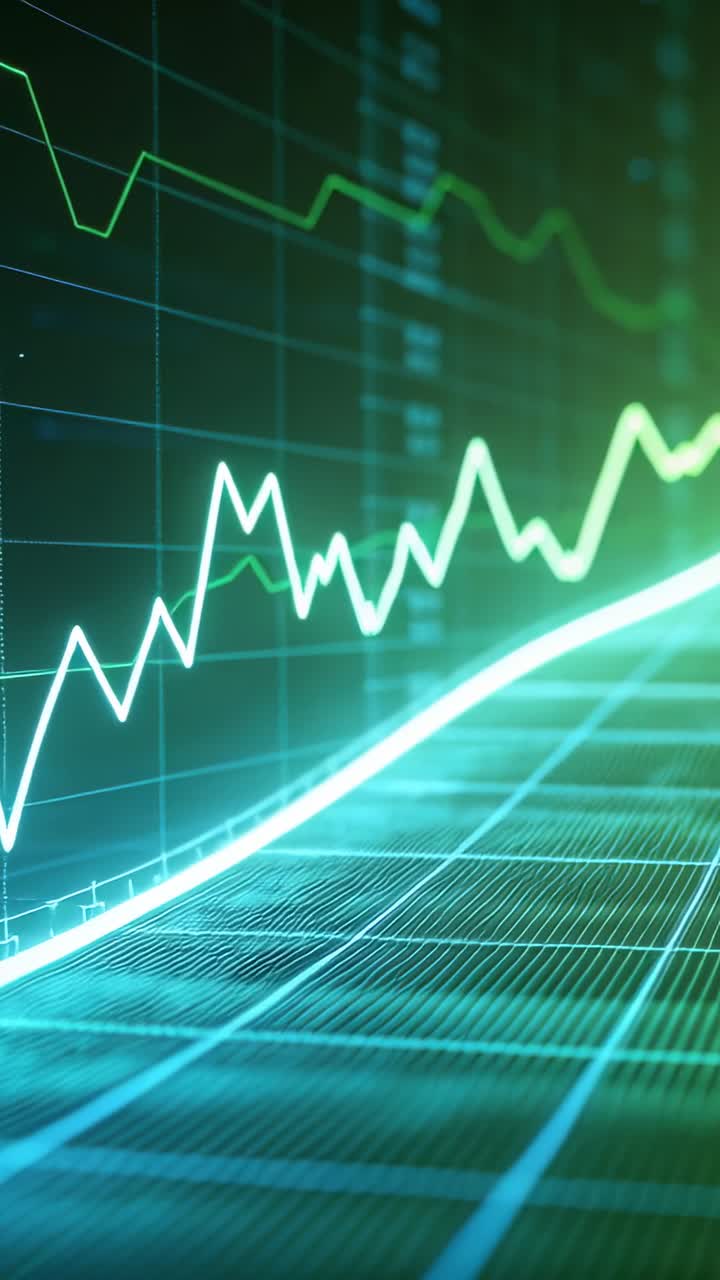Vertikal video: Viser 3D-markedsdiagram, der stiger efter datapush i HUD, med hvide og grønne trendlinjer