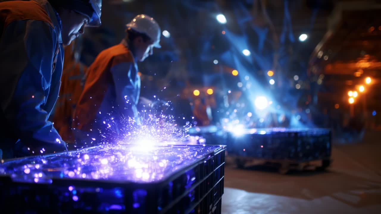 Workers Engaged in Metal Fabrication Performing Arc Welding at Night, Sparks Flying from the Welding Process in a Factory Setting, Highlighting Safety Gear and Industrial Environment