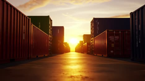 a stunning sunset illuminates a shipping yard surrounded by colorful containers, highlighting the beauty of industry against nature's spectacle