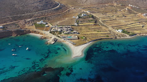 aerial landscape of aegiali shoreline and luxury sailboats in amorgos island, greece