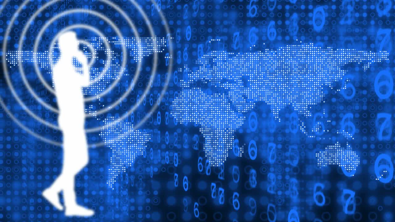 hombre usando un teléfono con ondas de radio silueta con mapa digital del mundo.