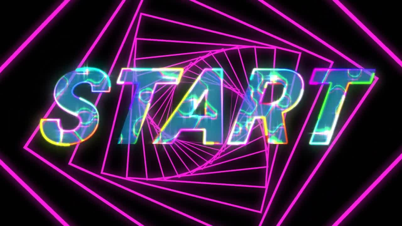 검은색 배경에서 원활하게 회전하는 분홍색 사각형에 대한 시작 텍스트에 대한 전기 효과