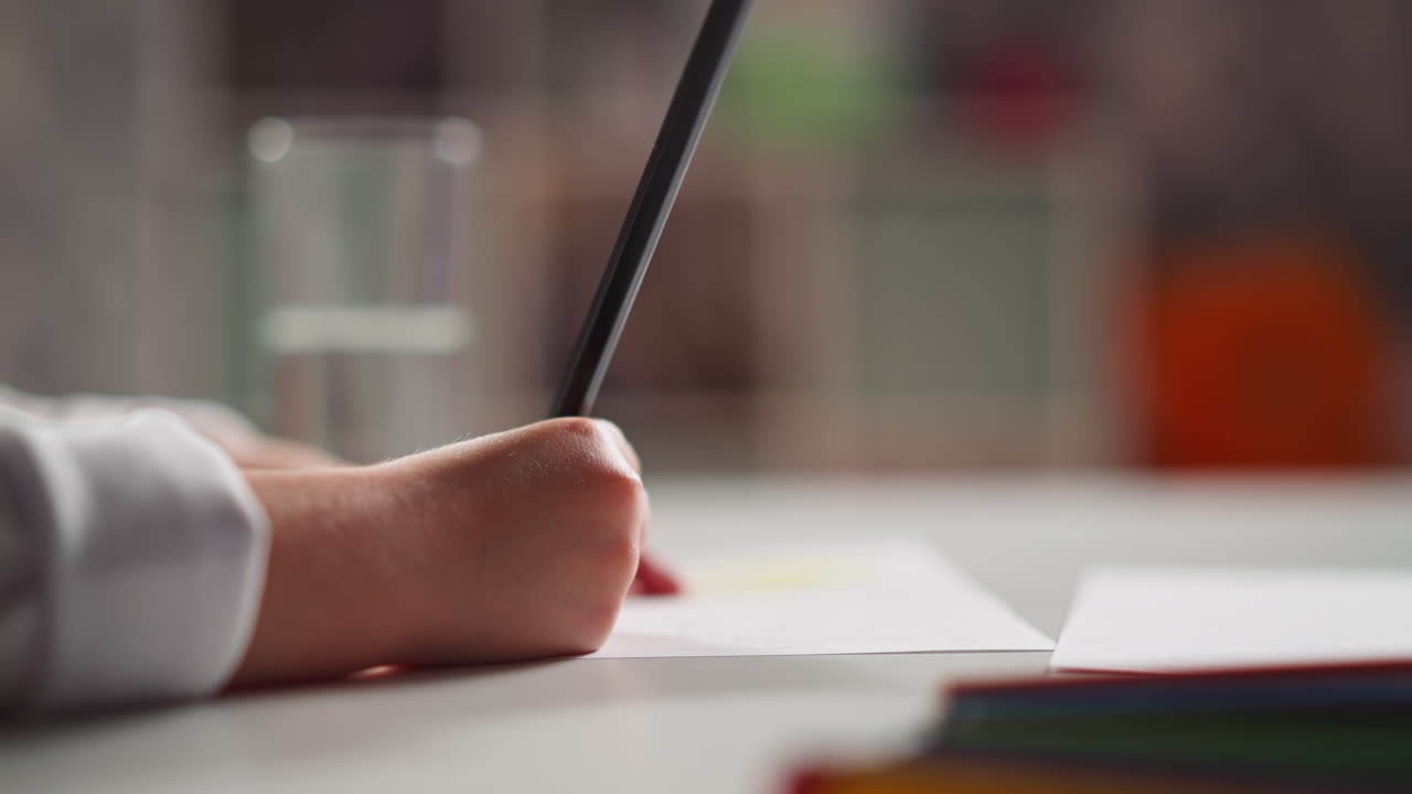 Little student draws picture and drinks water at art lesson