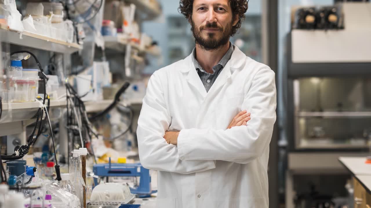 Uno scienziato sicuro di sé in un ambiente di laboratorio con attrezzature di ricerca e colleghi concentrati, che dimostra un impegno per l'innovazione e la scoperta