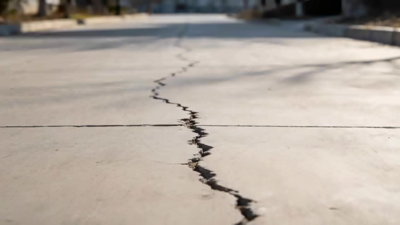 Tracking low camera following jagged pavement crack on suburban street, documenting lodged debris