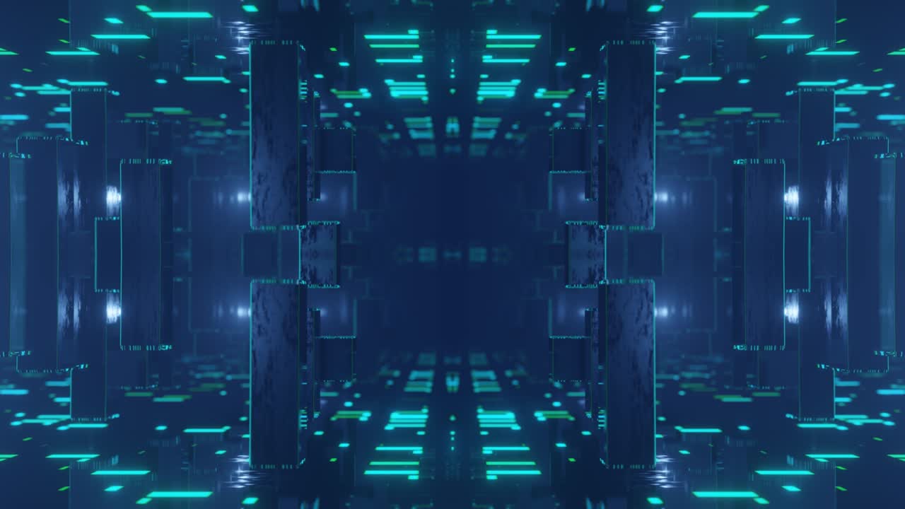 Fly through symmetrical technology cyberspace with neon glow. Sci-fi flight through hi-tech technology tunnel. Neon light. 3d looped 4k bg. sci-fi constructions, mysterious 3d objects