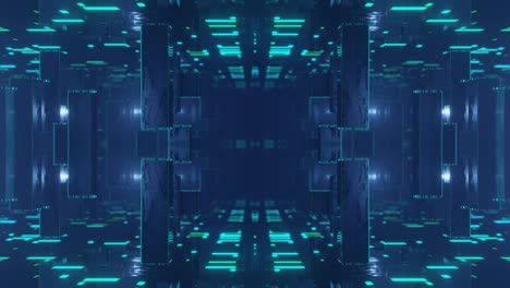 fly through symmetrical technology cyberspace with neon glow. sci-fi flight through hi-tech technology tunnel. neon light. 3d looped 4k bg. sci-fi constructions, mysterious 3d objects