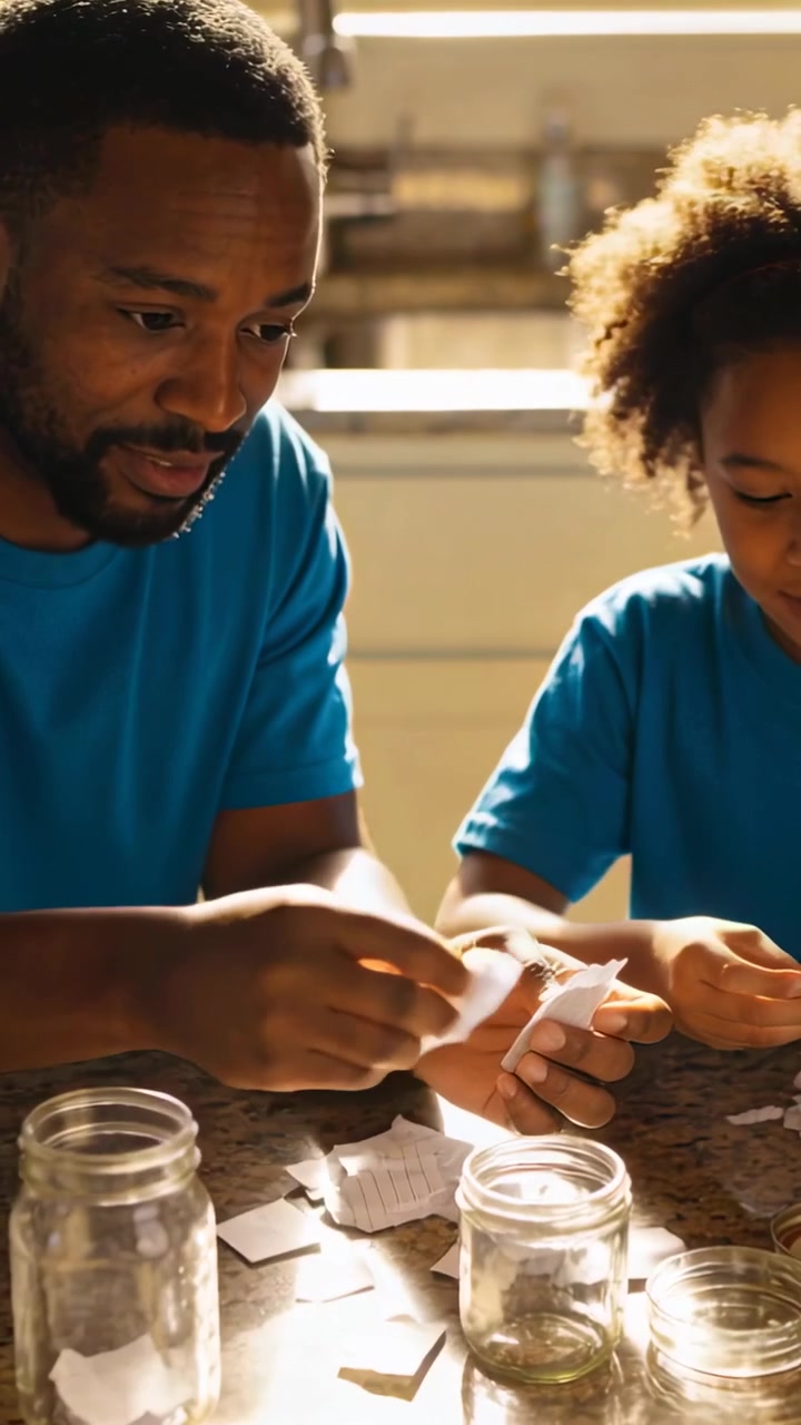 Video verticale: Passando la carta, papà che guida il bambino a smistare la carta strappata in barattoli in cucina, entrambi con magliette blu.