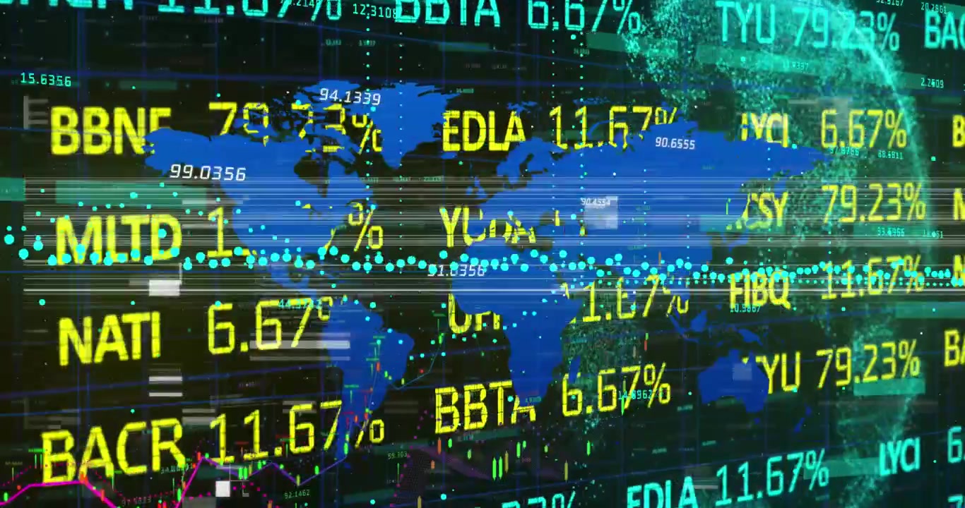 Digital World Map with Financial Stock Market Data Overlay