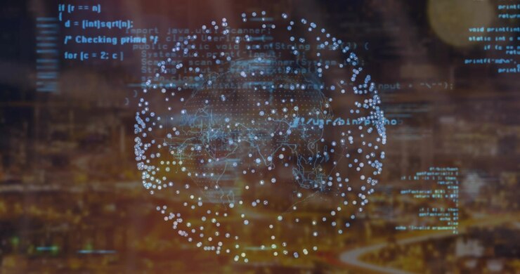 Code snippets sliding in from sides initiating sphere rotating over city lights visualizing data