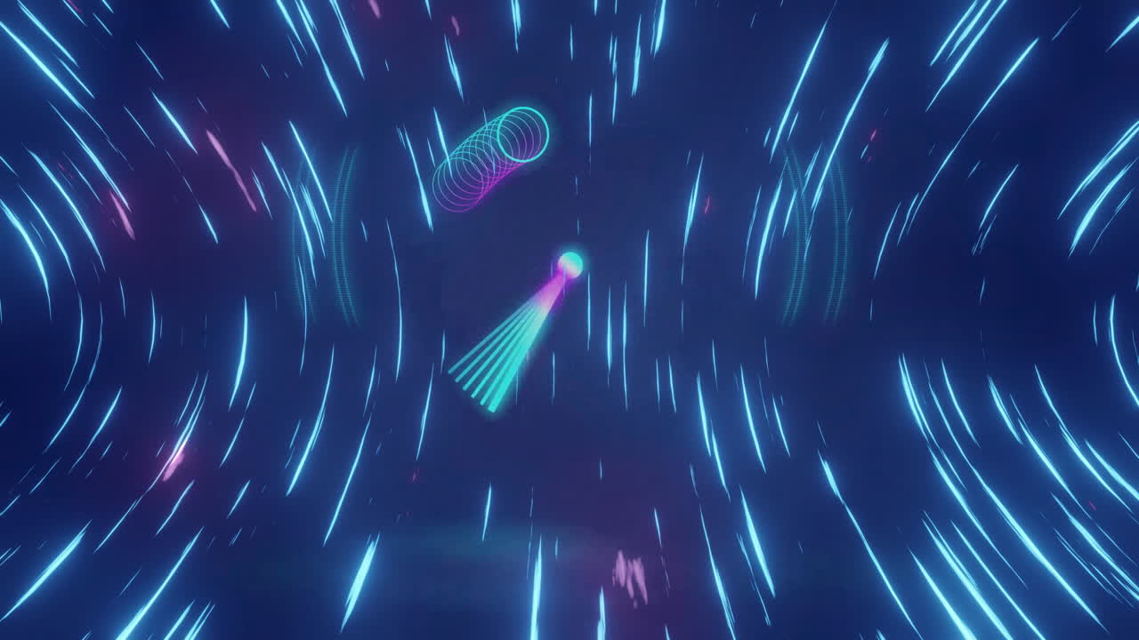 Animation of neon lights and abstract shapes creating motion in dark space