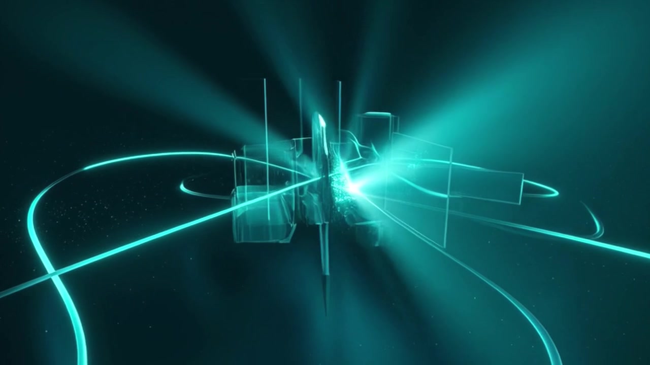 Abstract Motion Graphics with Glowing Cyan Light Trails and Geometric Glass Shapes
