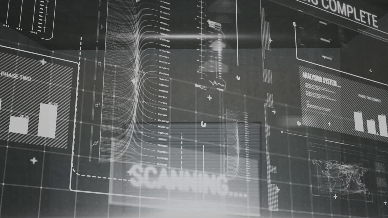 Animation of statistics and data processing on black background