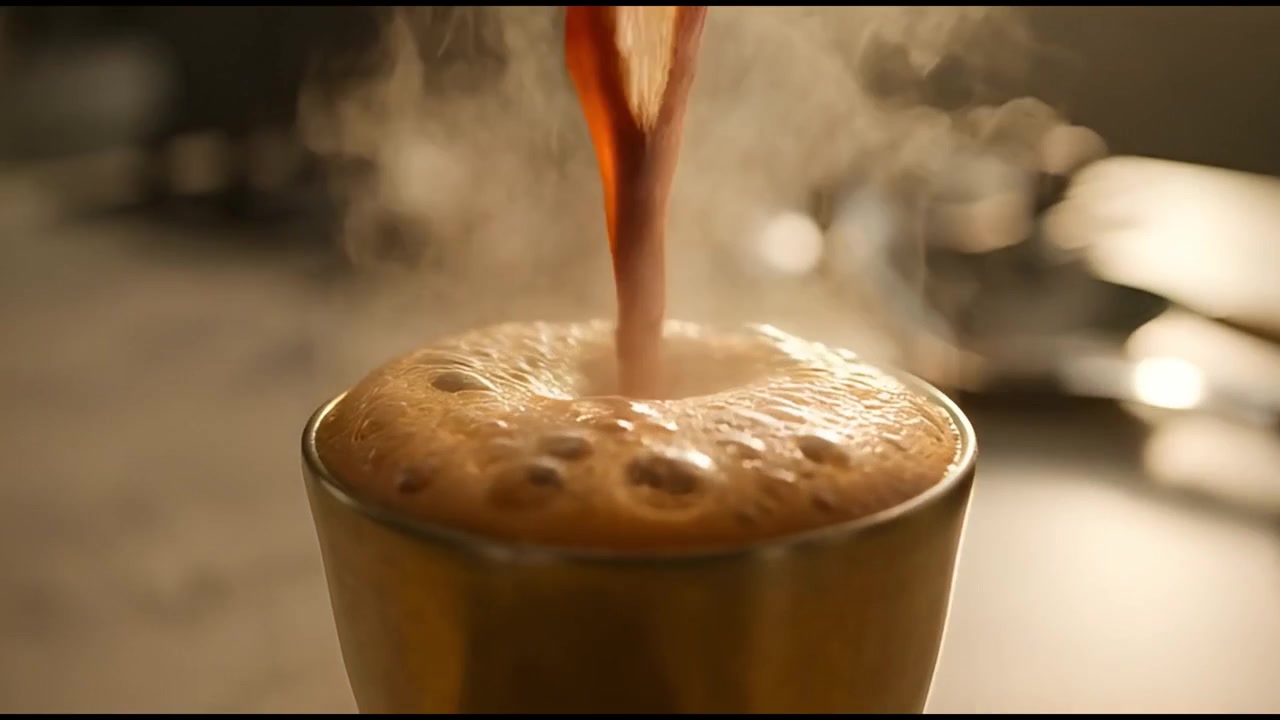 Caffè caldo versato in una tazza dorata