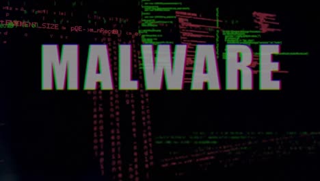 Animation-of-glitched-malware-text-and-multicolored-computer-language-over-black-background