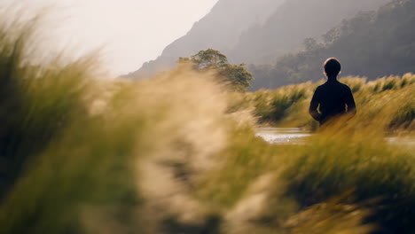 person walking through a field of grass at sunset