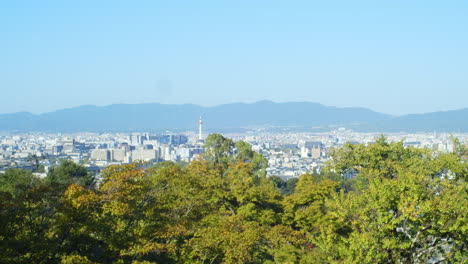 Beautiful-view-from-the-temple-of-Kyoto-Tower-and-the-city-early-morning-in-Kyoto,-Japan-soft-lighting
