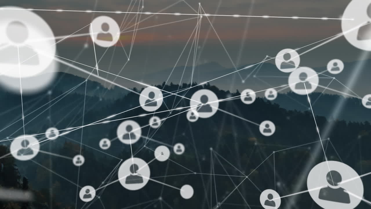 animación de la red de conexiones con iconos sobre el paisaje