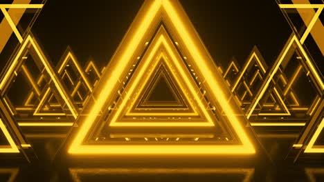 fondo abstracto, triángulos de neón naranja. triángulo futuro túnel espacial. espectáculo de láser, realidad virtual, líneas brillantes, túnel, pasillo, portal triangular de neón. avanzando. bucle de animación 3d en 4k