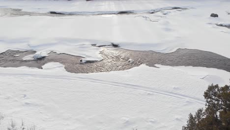 beautiful aerial drone between green trees toward sunlight on snowy river