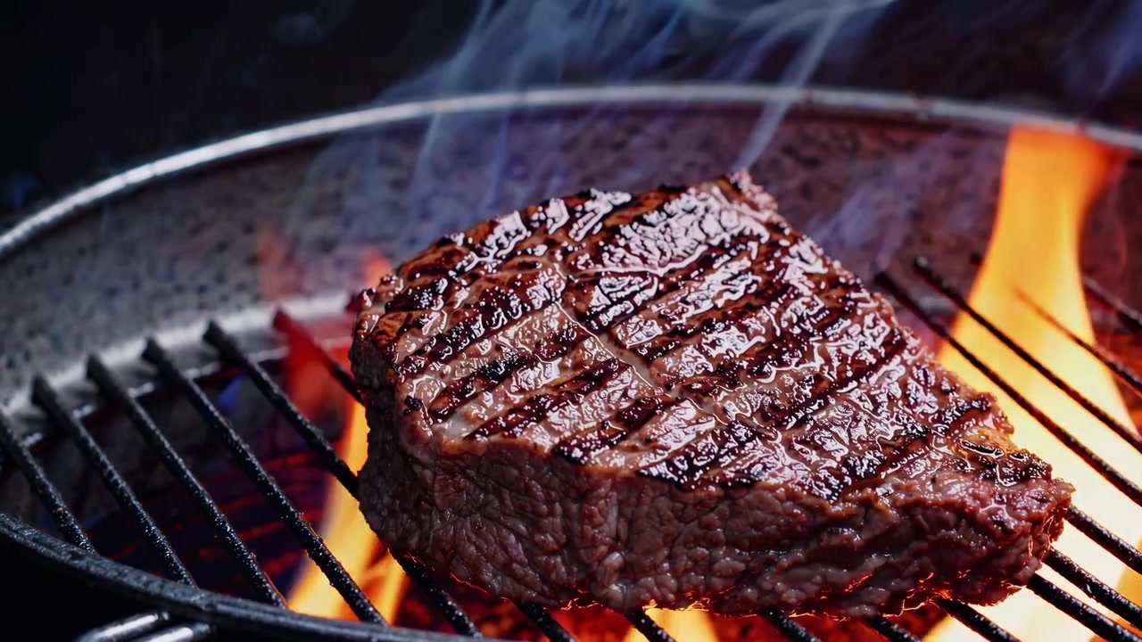 Juicy Beef Steak Grilling Over Open Flames