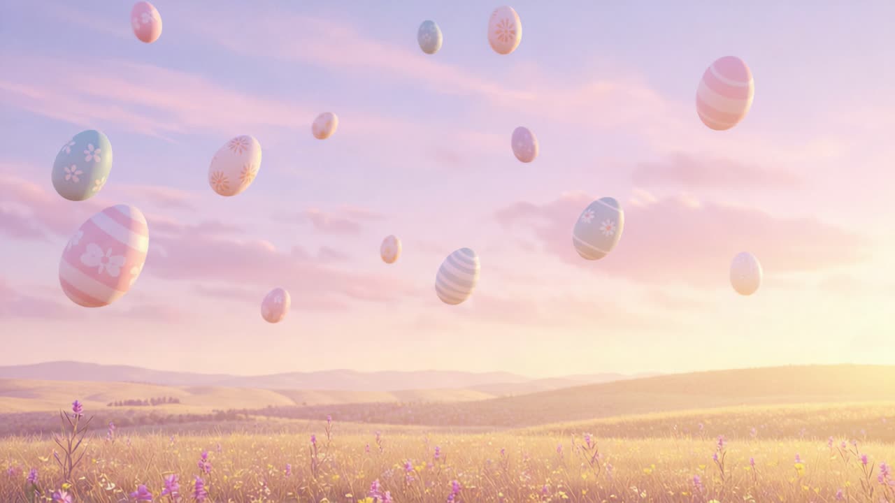 A Magical Scene of Floating Colorful Easter Eggs in a Serene Pastoral Landscape During a Soft Sunset Glow