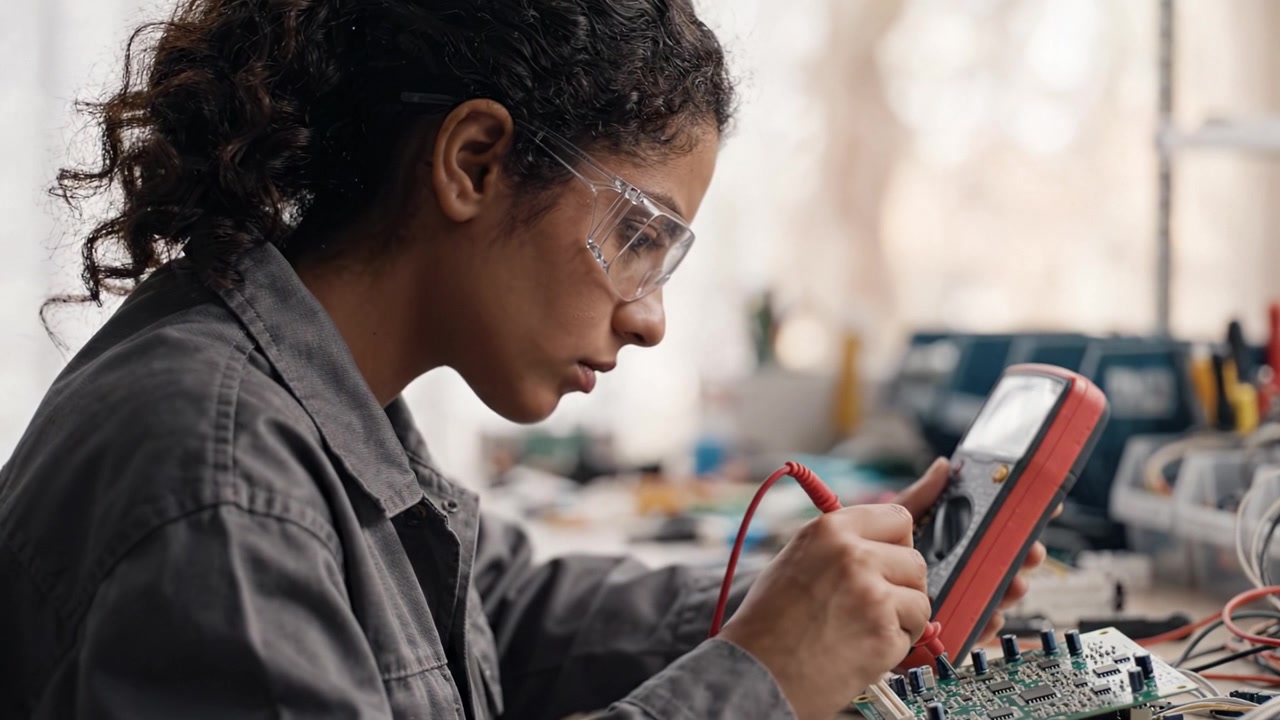 Ung ingeniør som analyserer kretskort med et multimeter, og demonstrerer praktiske ferdigheter og oppmerksomhet på detaljer i et engasjerende verkstedmiljø