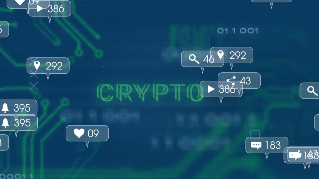 Emerging circuitry sparking social icons clustering to light CRYPTO text showing engagement metrics