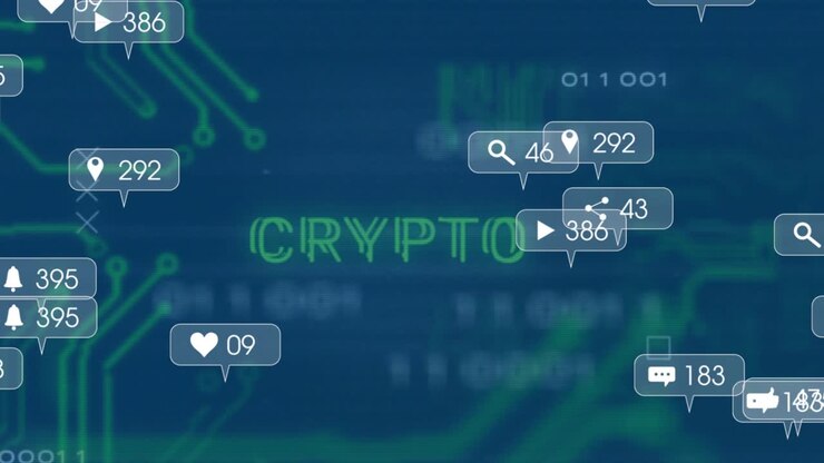 Emerging circuitry sparking social icons clustering to light CRYPTO text showing engagement metrics