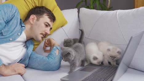 The-man-and-his-kittens-are-watching-movies-together.