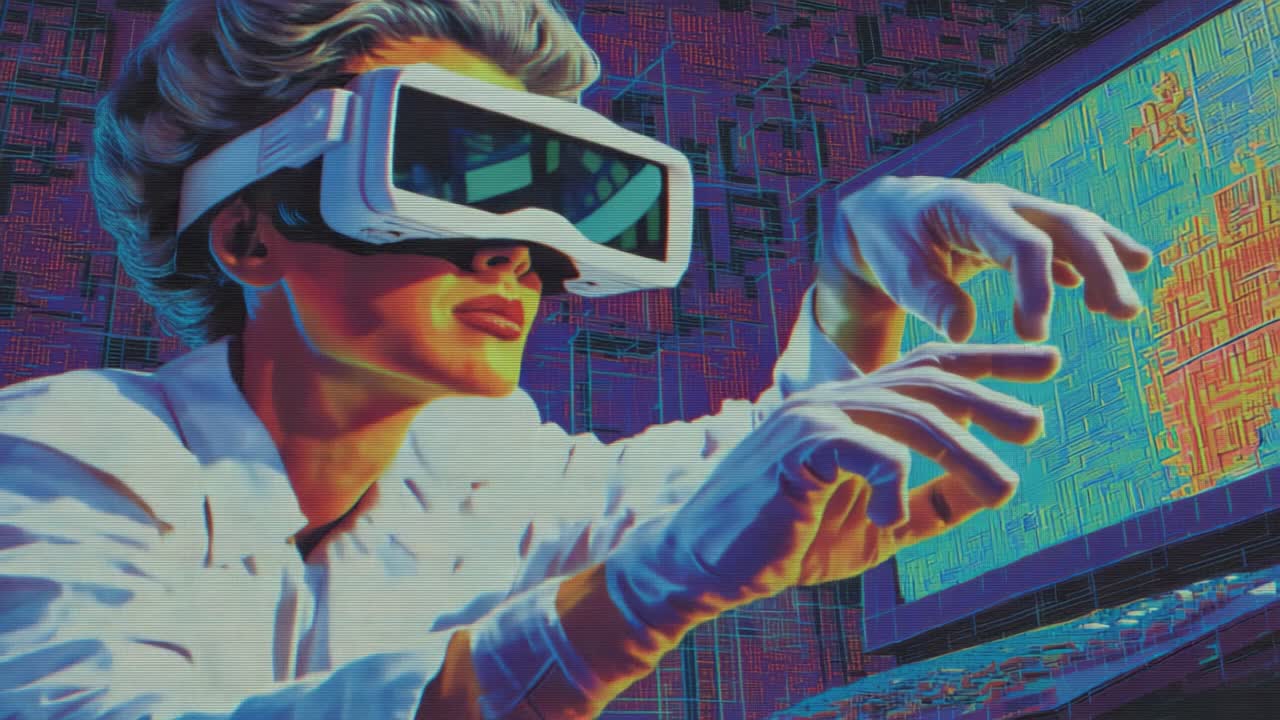 Futuristic Vision: A Woman Engaged in Virtual Reality, Wearing High-Tech Glossy Goggles, Interacting with a Colorful Screen, Symbolizing Innovation and the Intersection of Technology and Human Experience