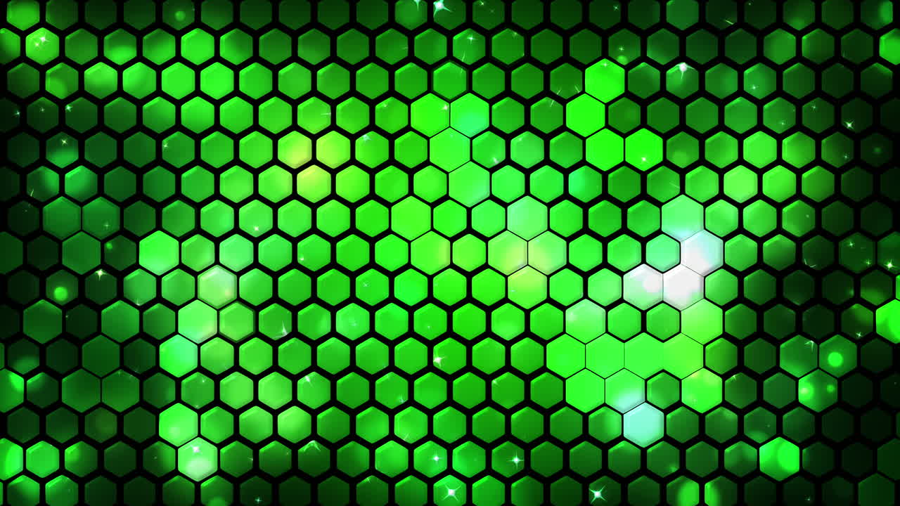 Green 3d hexagonal technology abstract background. Bright energy flashes under hexagon. Loop honeycomb texture grid animation.