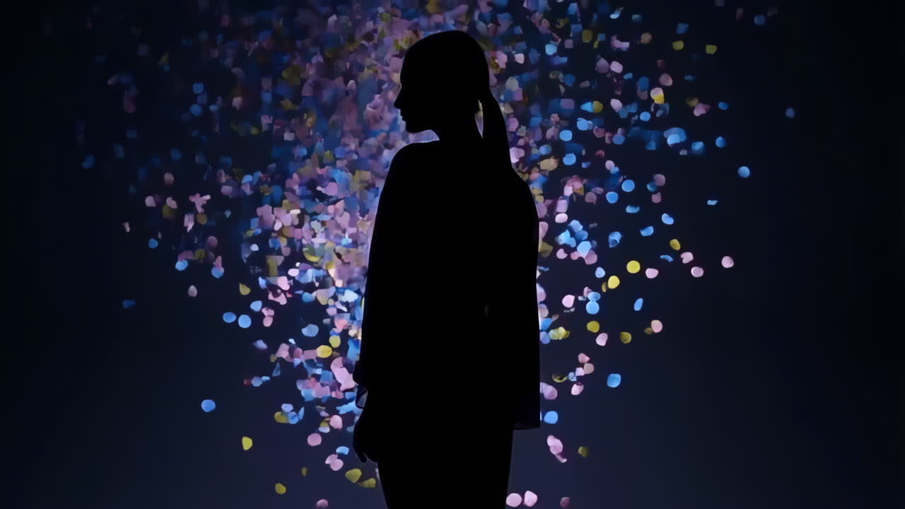 Silhouette against a backdrop of colorful light particles