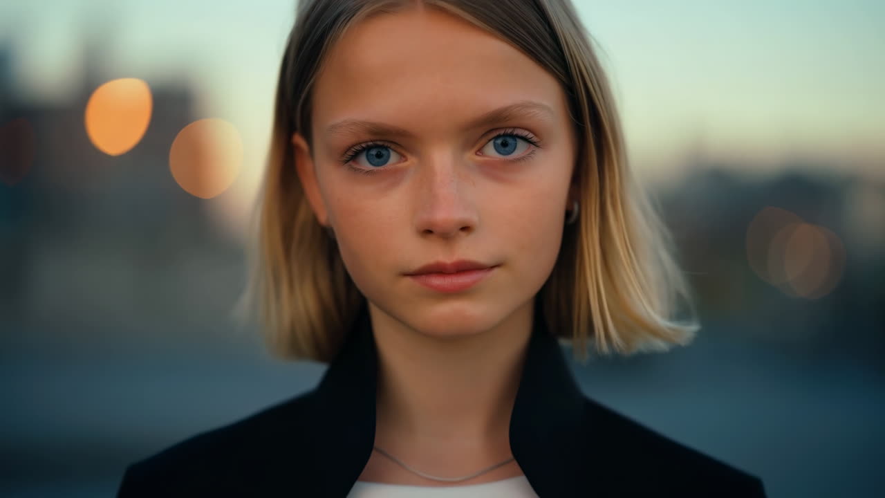Ritratto al tramonto, giovane modella su un tetto, adolescente bionda con occhi azzurri che fissa l'obiettivo, bokeh cinematografico della città.