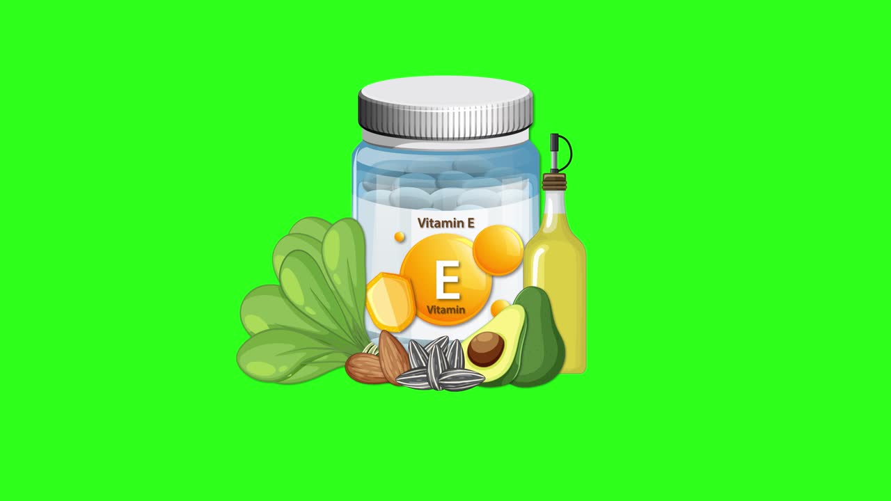 Vitamin E bottle with nuts, avocado, spinach, and oil animates on bright green background