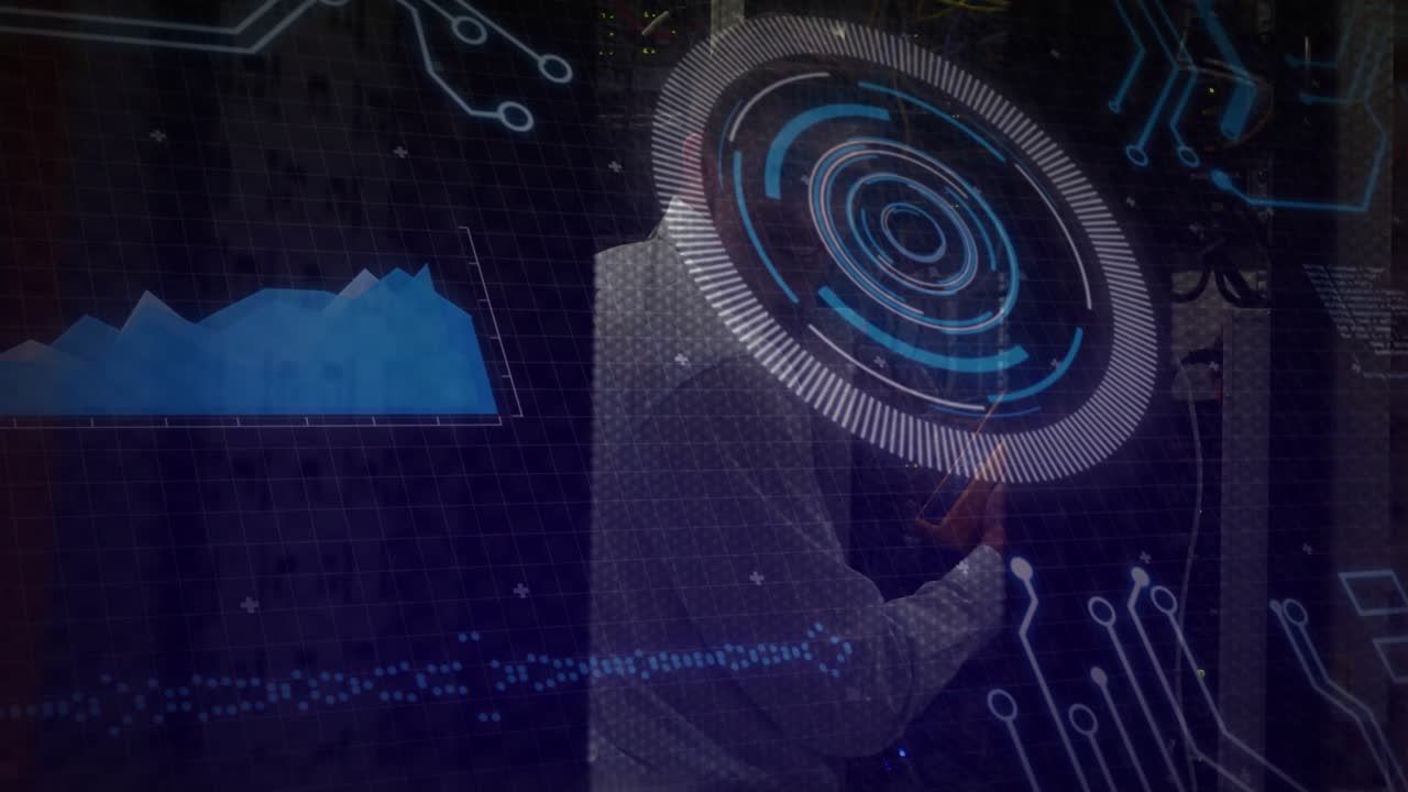 Male technician tapping handheld device and activating rotating HUD while monitoring tech chart